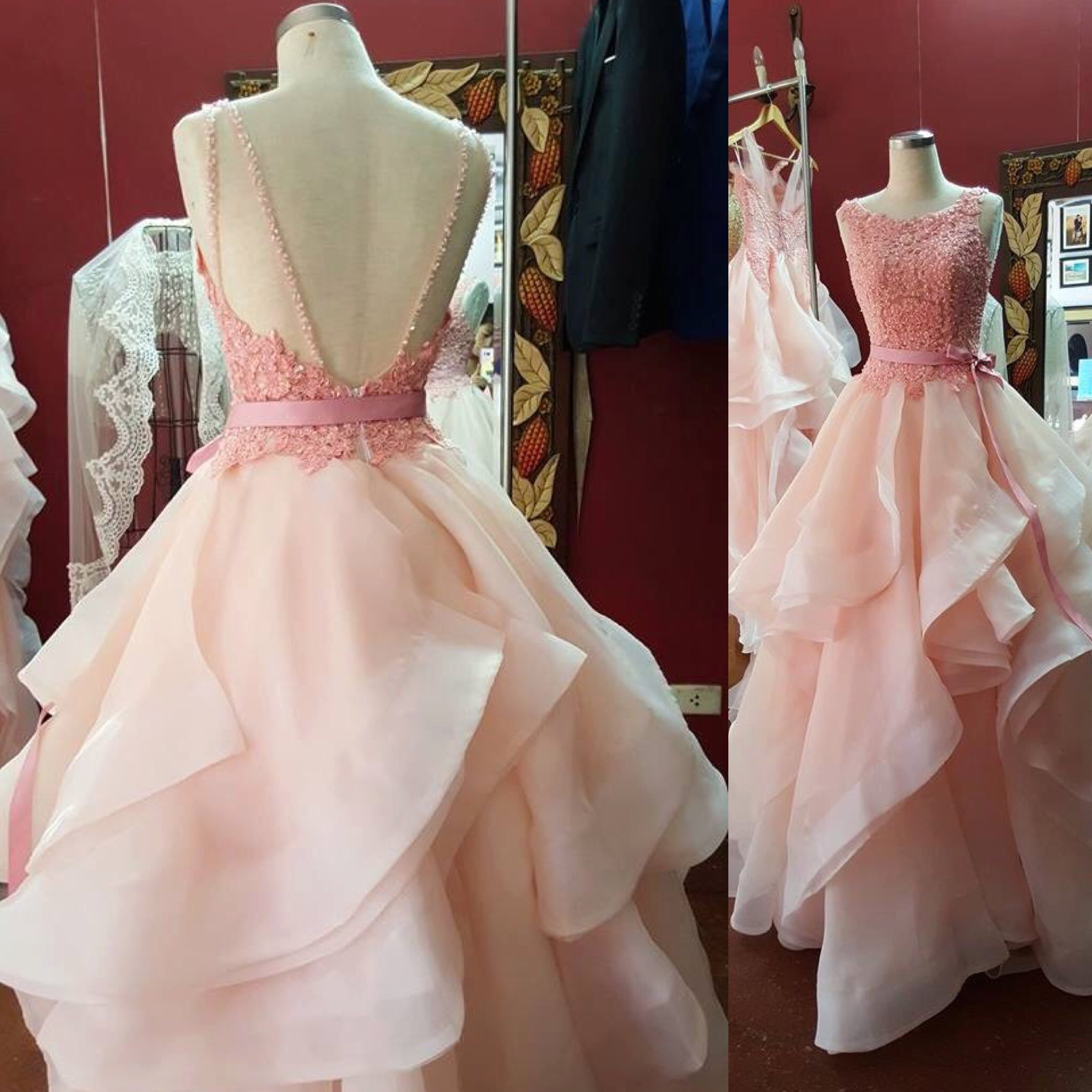 Rose Pink Lace Appliques Organza Ruffles Ball Gowns Prom Dresses 2017