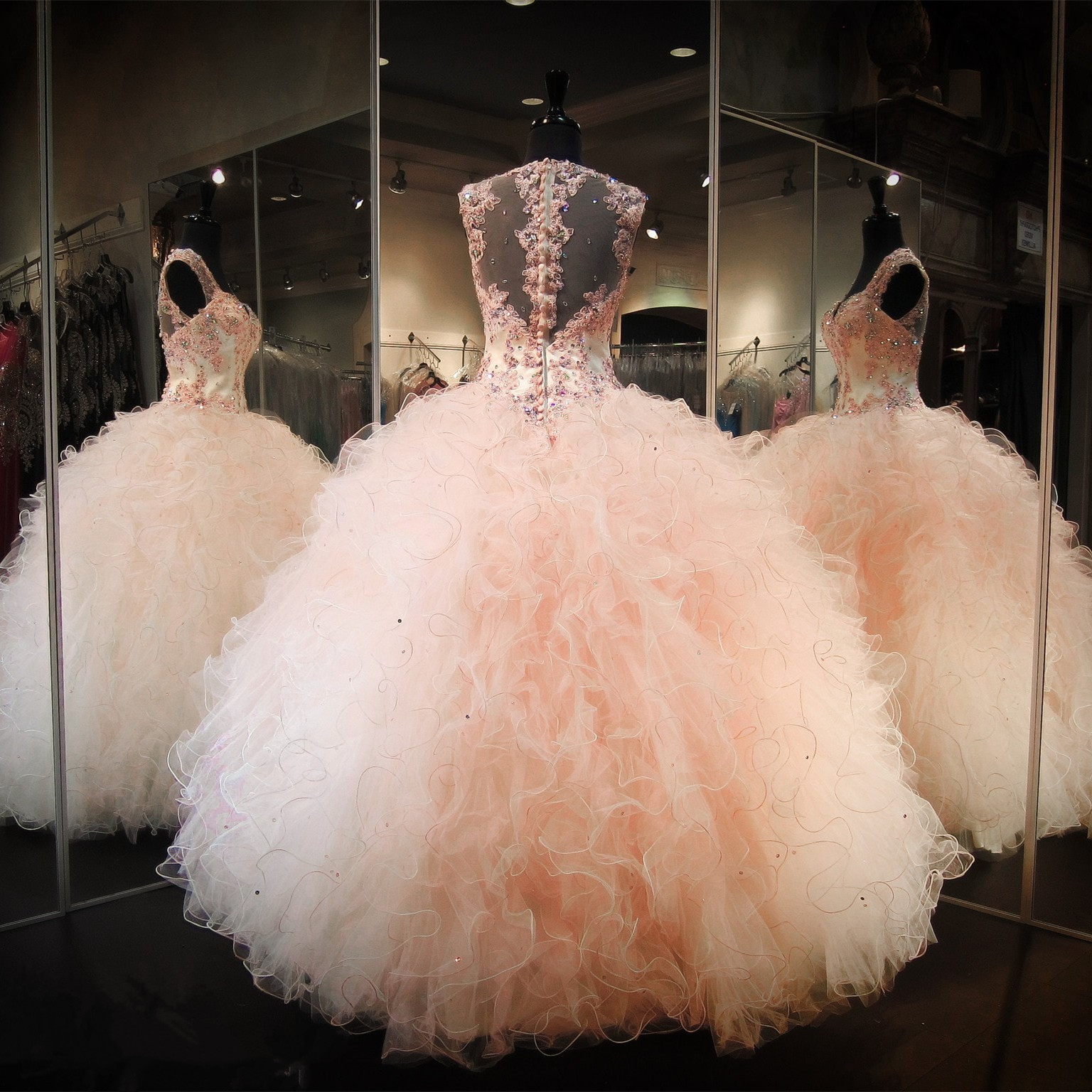 Champagne Blush Ball Gowns Quinceanera Dresses Organza Ruffles 2017