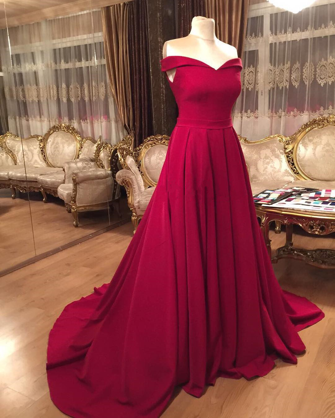 Off The Shoulder Dress Satin Prom Dress Burgundy Evening Gowns Sexy