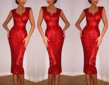 Custom Made Red Knee-Length Shimmery Sequin Pencil Dress, Formal Evening Dress, Formal Dress, Weddings, Homecoming Dress